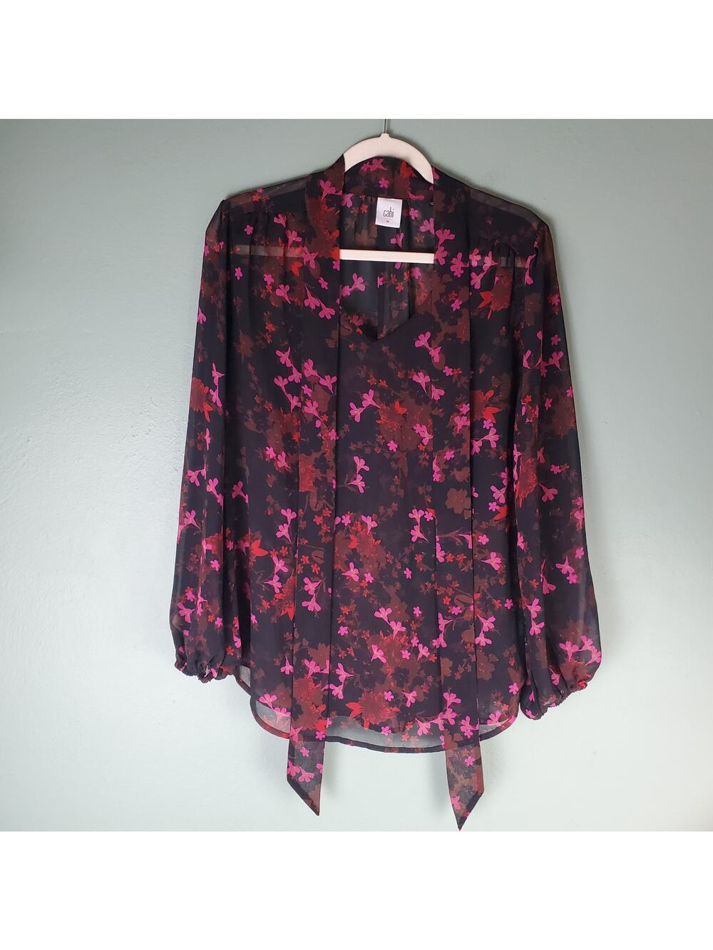 Cabi Womens Black Floral Print Sheer Candlelight Long Sleeve Blouse Size Medium